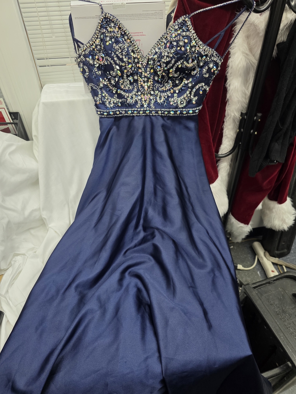 Embellished Navy Satin Prom Gown with Beaded Bodice